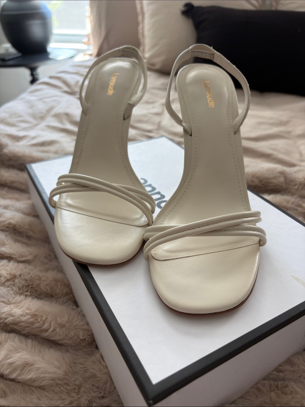 Larroude Cream Strappy Annie Sandal Heels